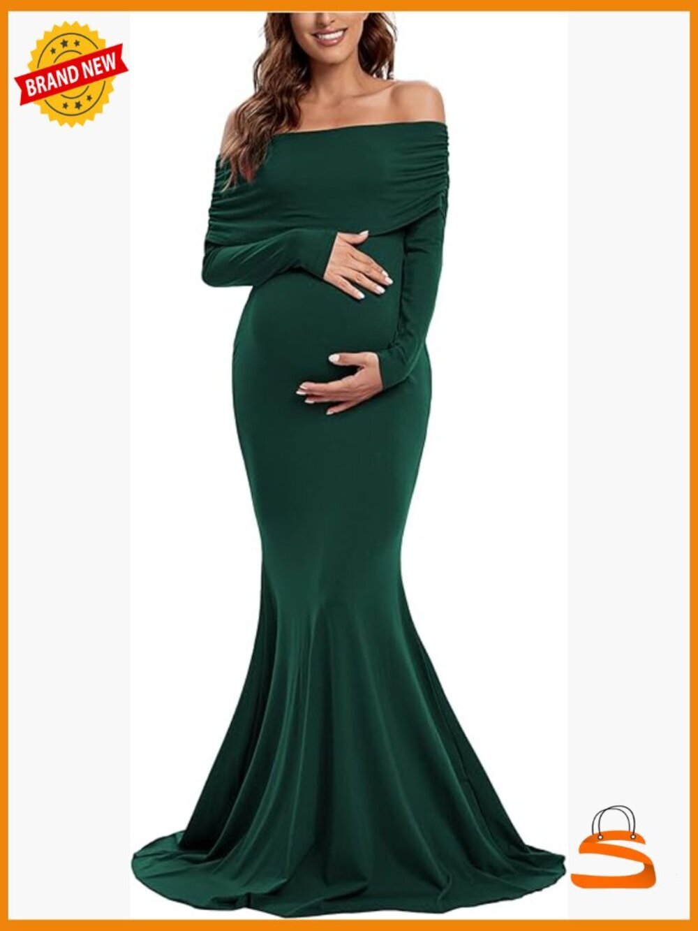 Off Shoulder Maternity Dress Long Sleeve Ruched Gown Baby Shower